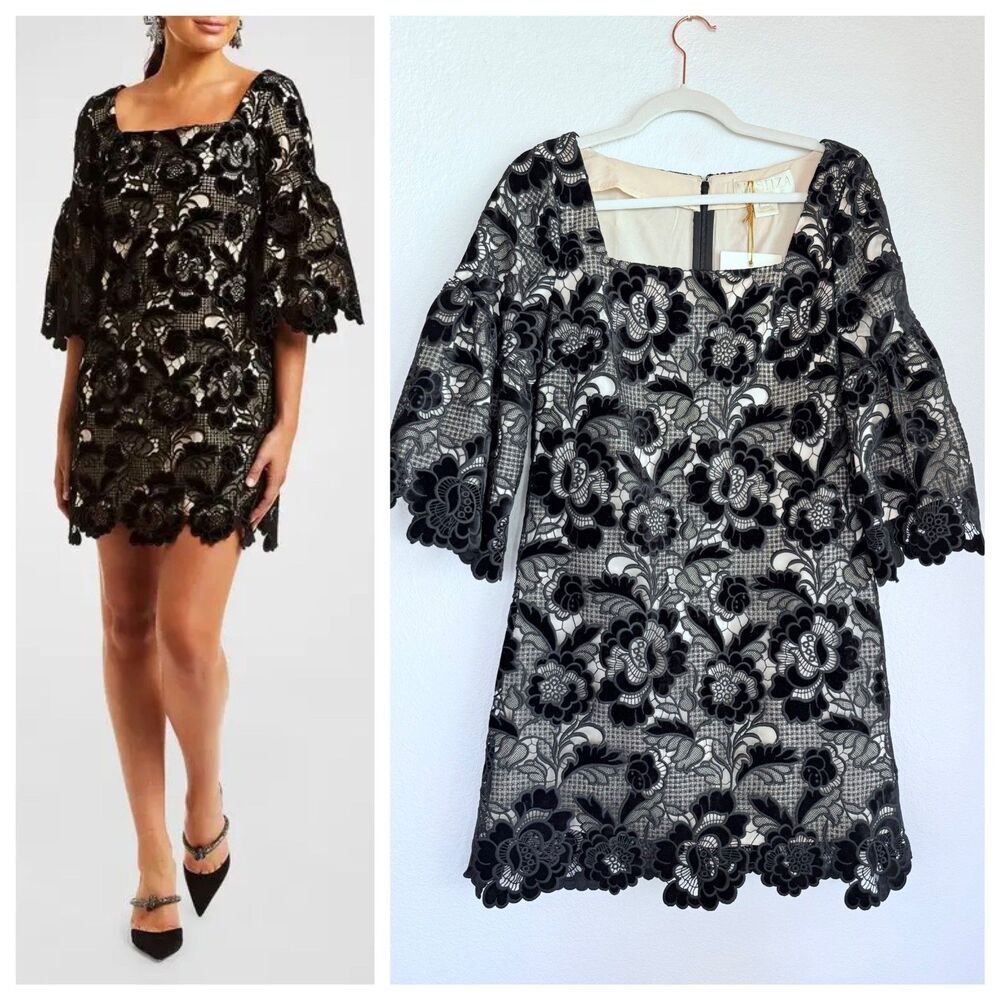 NWT Mestiza New York Vivienne Bell-Sleeve Velvet Lace Mini Dress in Black Size S